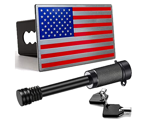 Bonrcea 2" American Flag Aluminum Trailer Hitch Cover & Hitch Lock (Red)